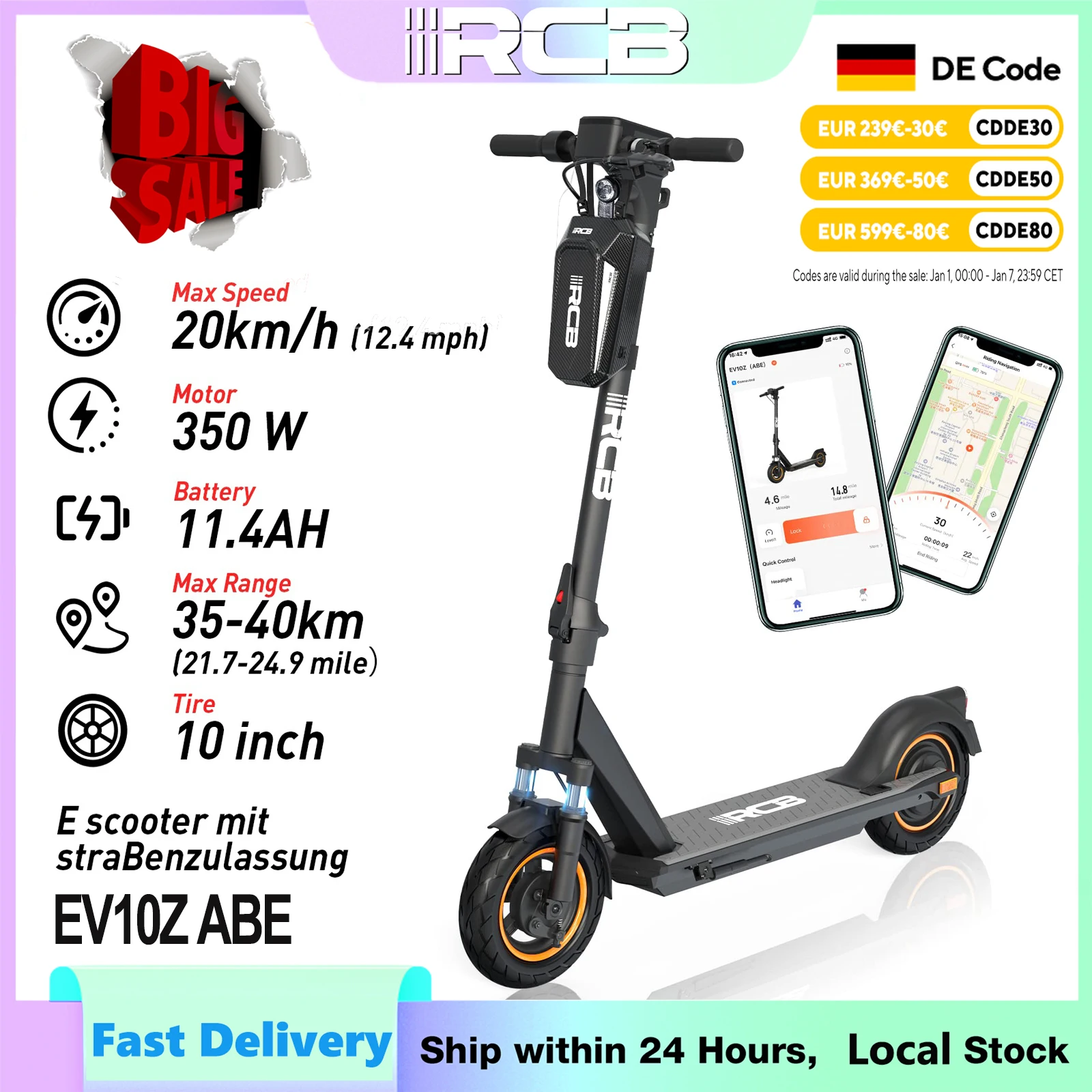 RCB 350W Foldable Electric Scooter for Adult ABE, Double Brake Waterproof Body E-Scooter, 10in Honeycomb Tires 120kg Capacity