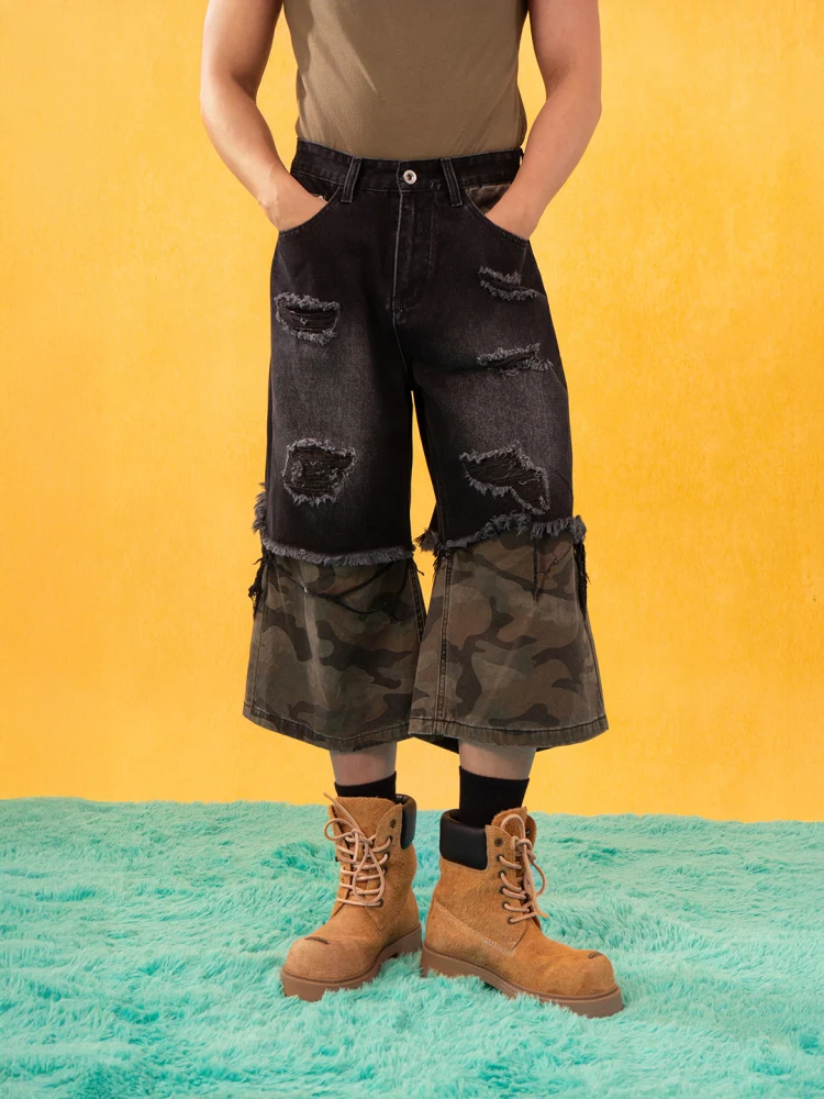 

Retro Distressed Camouflage Splicing Hole CLP Black Denim Shorts Loose Straight Casual Men's Jeans Shorts Youth Summer Cotton...