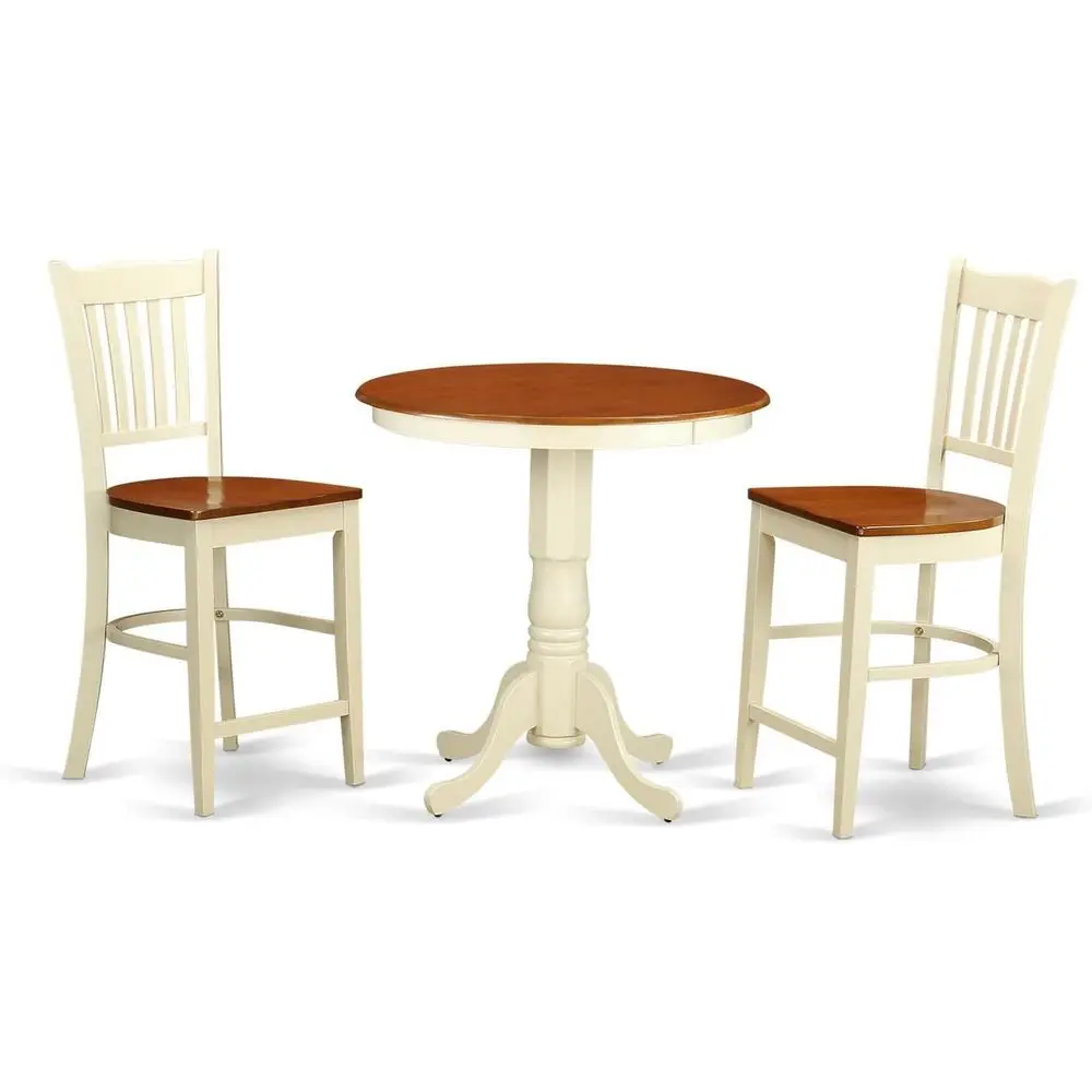 

3-Piece Kitchen Counter Set with Round Pedestal Table and 2 Chairs, 30x30 Inch, Buttermilk & Cherry Finish