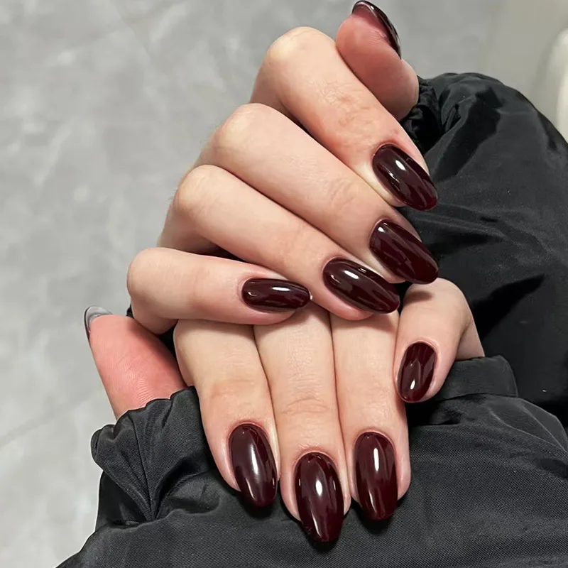 

24pcs Simple Solid Color False Nails Sets Dark Red Almond Round Press on Nails Tips Girl Detachable Finished Oval Fake Nail Art