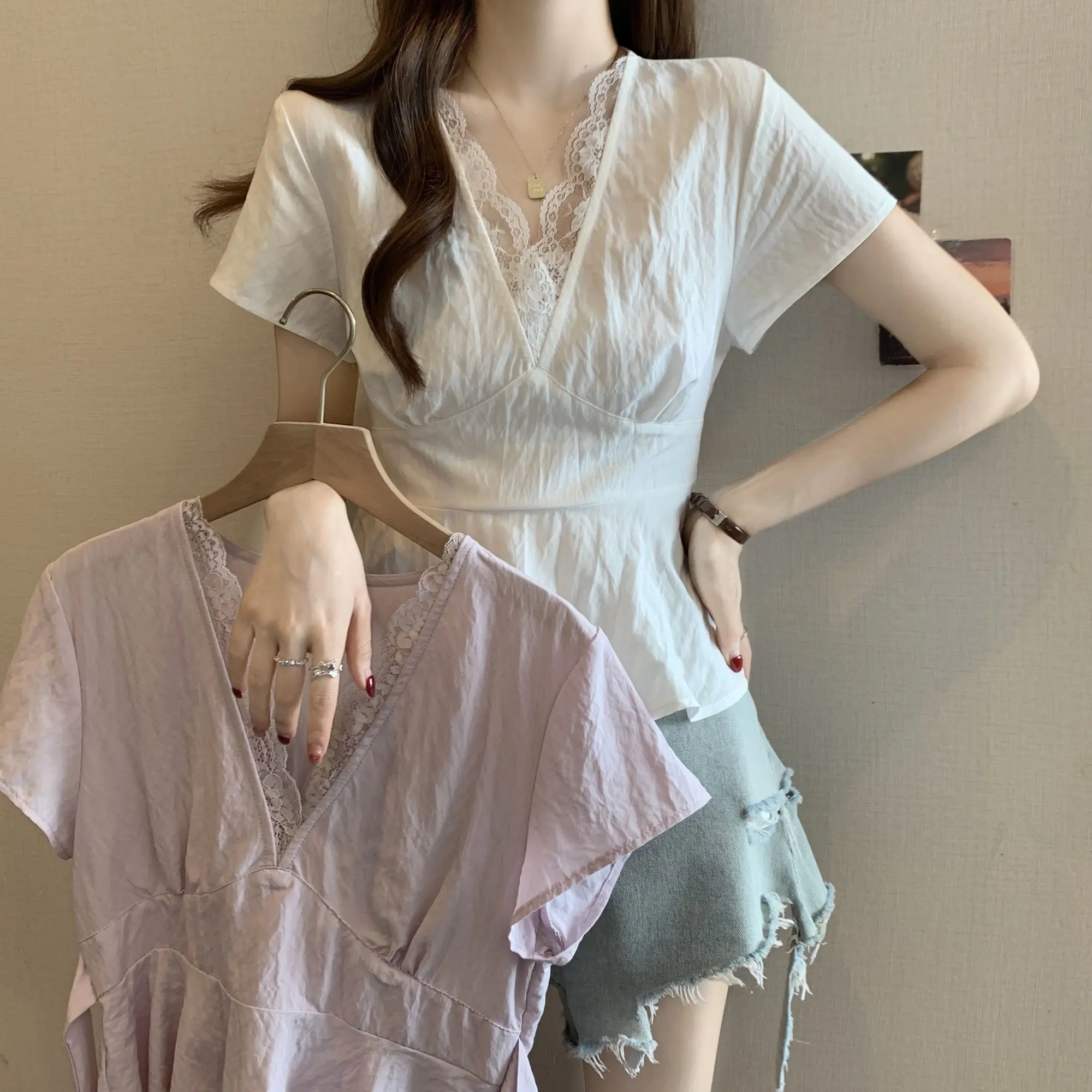 Kurzarmhemden für Damen, Denim, Patchwork, Ballonärmel, geknöpftes Hemd, Club, Retro, Freund, Streetwear, Student, Jugend, Urban