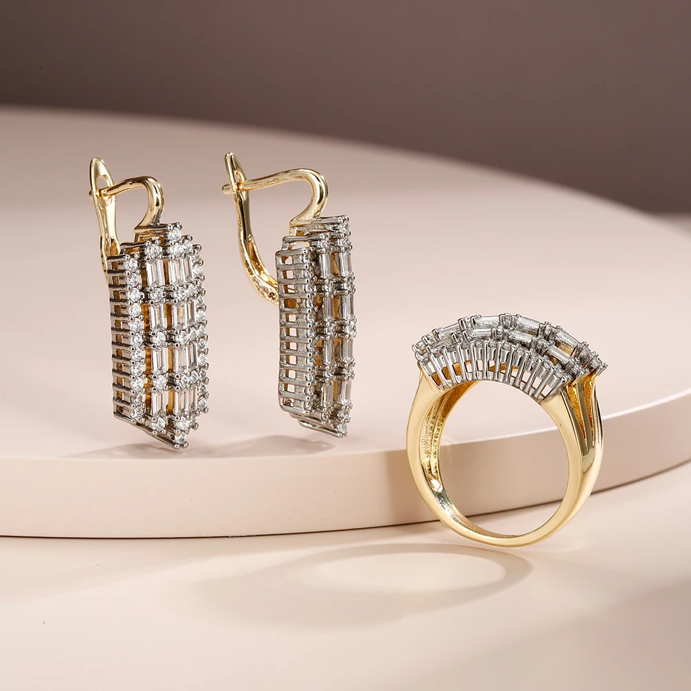 Französischer leichter Luxus-Schmuck mit eingelegten Baguette-Ohrringen und Ringen im zweifarbigen Set, vielseitiger Schmuck für den Arbeitsweg und Bankette. – Detail 5