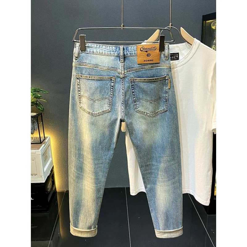 New Men'S Jeans Trendy Brand Summer Thin Fashion Versatile Slim Fit Straight Leg Personalized Micro Chapter Casual Elastic Denim