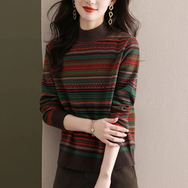 

Retro Striped Large Size Women's Knitted Wool Sweater Faionable Loose Belly Covering f High Collar Knitwear Base Layer