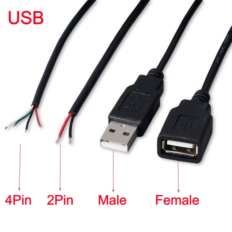 1M USB Type A Male Female Type C Micro Connector 2Pin 4pin core Power Supply Cable Extension Adapter repair welding Wire 30cm