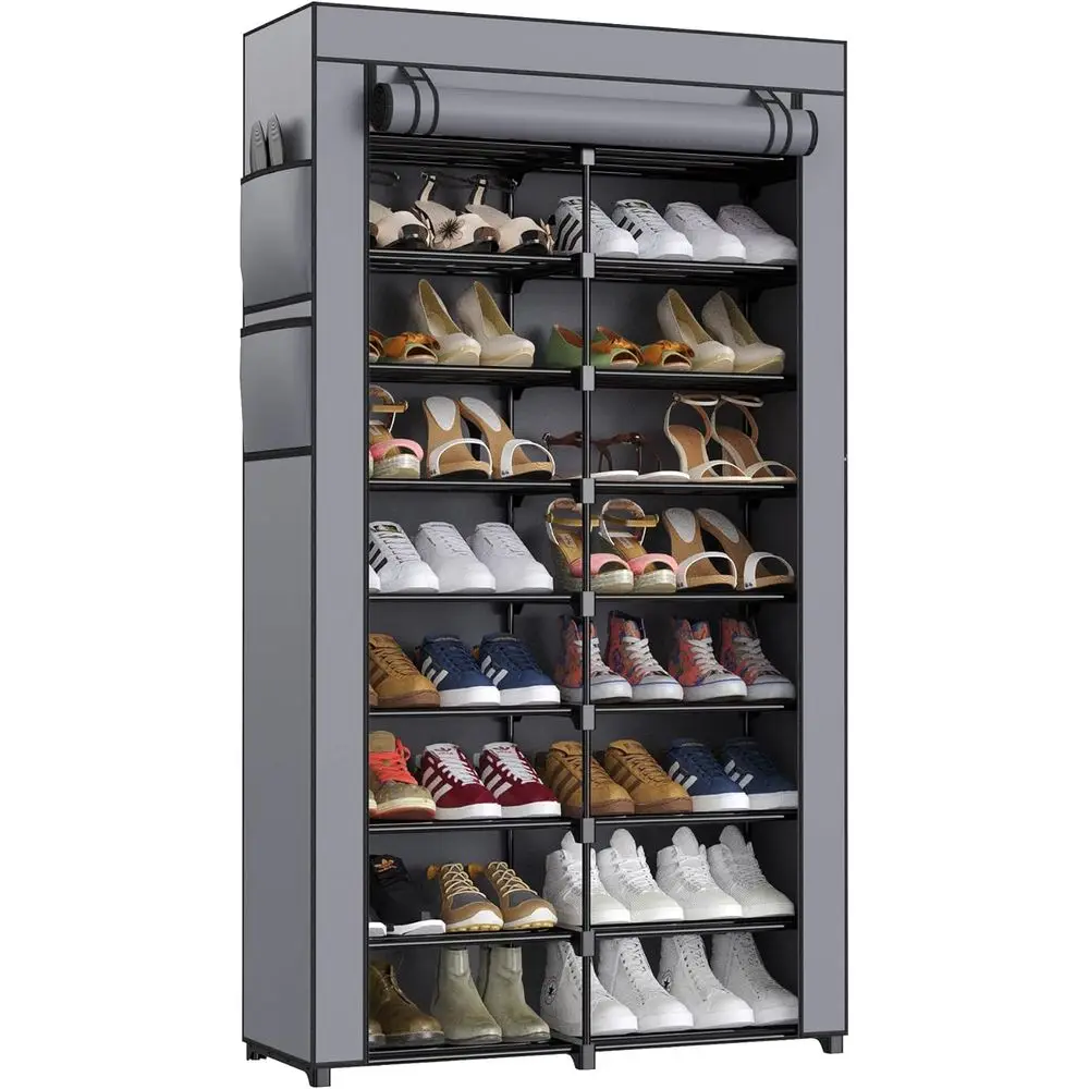 

9-Tier Shoe Rack - 36-40 Pairs Organizer with Nonwoven abric Cover, Double Row or Closet (Black Rack with Gray Cover)