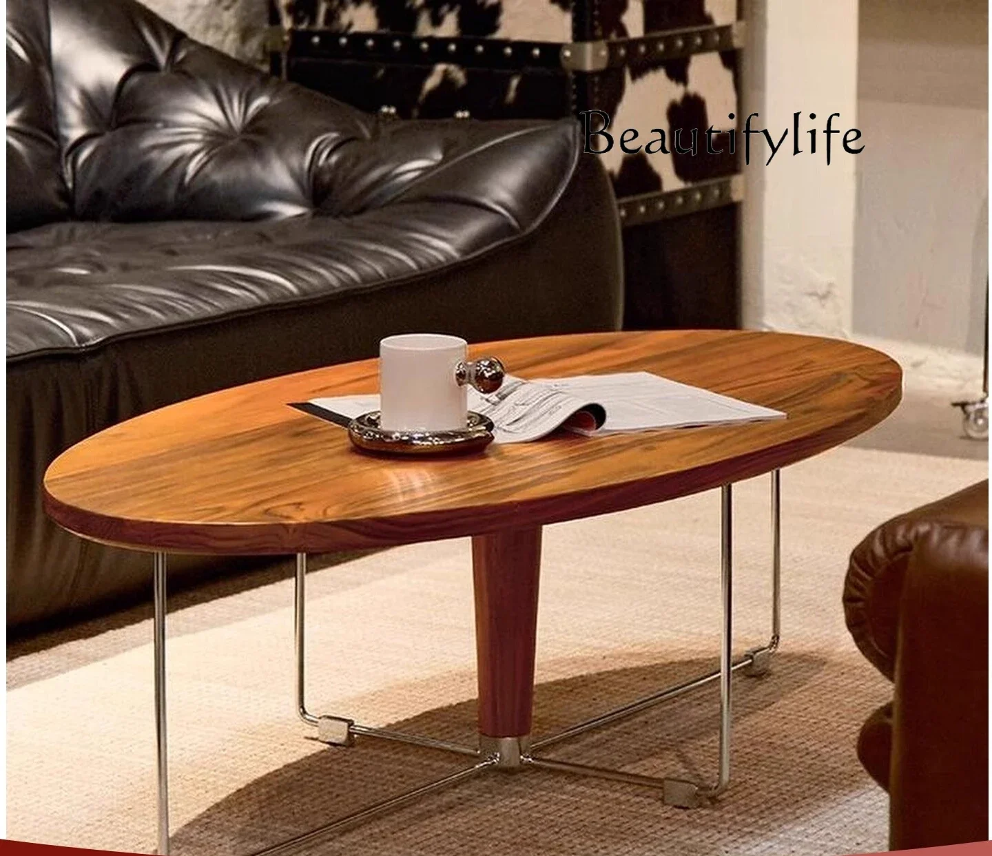 

Tu Retro full teak oval coffee table small apartment designer household solid wood stainless steel coffee table