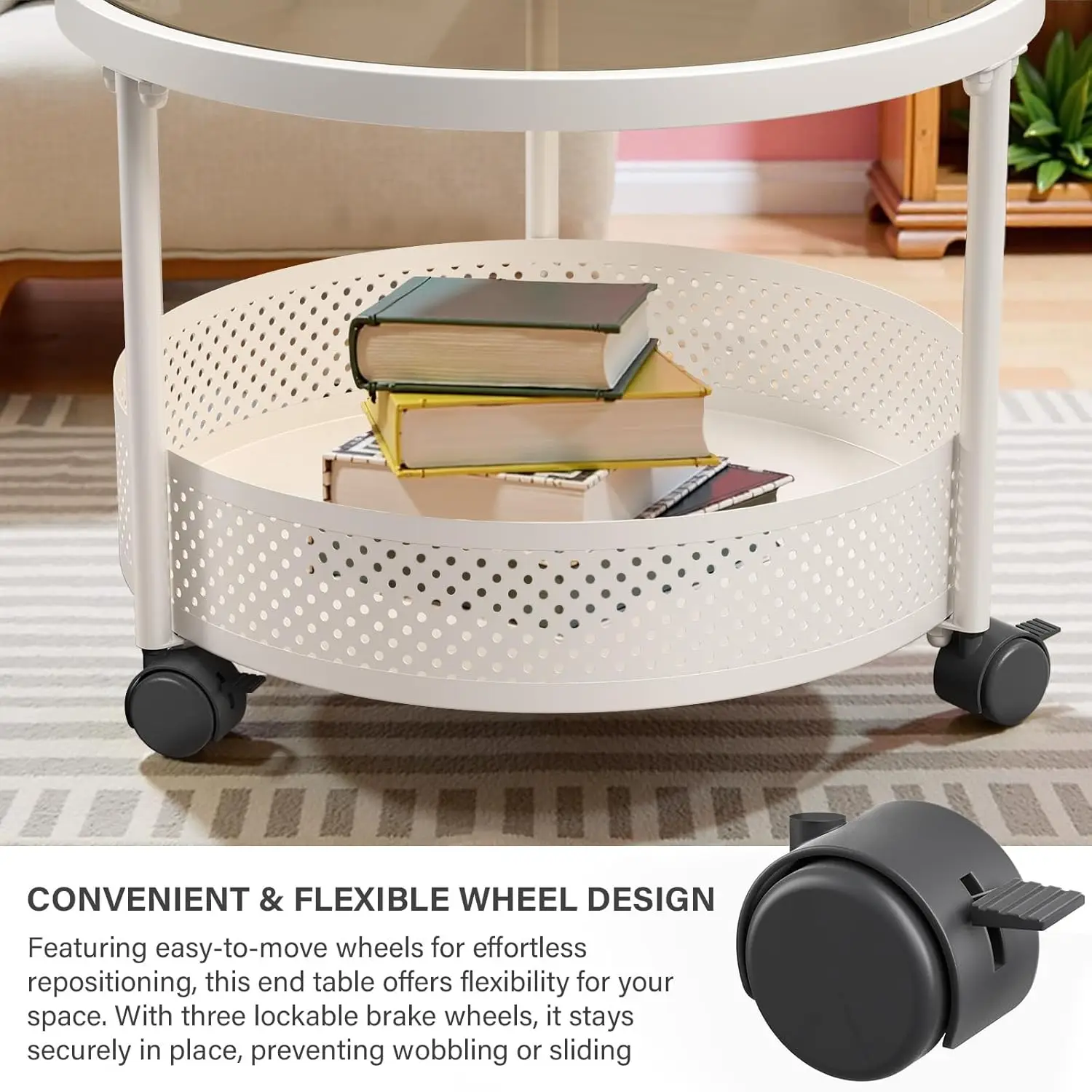 مجموعة طاولات قهوة مستديرة متعددة الاستخدامات مقاس 28 بوصة مكونة من قطعتين لغرفة المعيشة، وطاولة تعشيش مكدسة من الزجاج المقسى مع عجلات