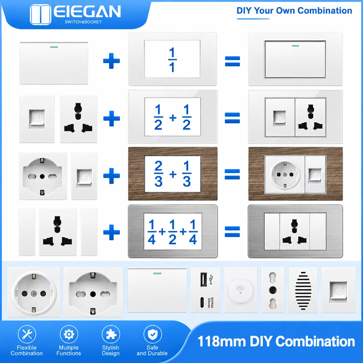 ELEGAN 118mm DIY Modular Wall Socket Switch 1/3 1/2 2/3 1/4 Italian EU Schuko USB-C 20W CAT5 TV SAT Doorbell Curtain White
