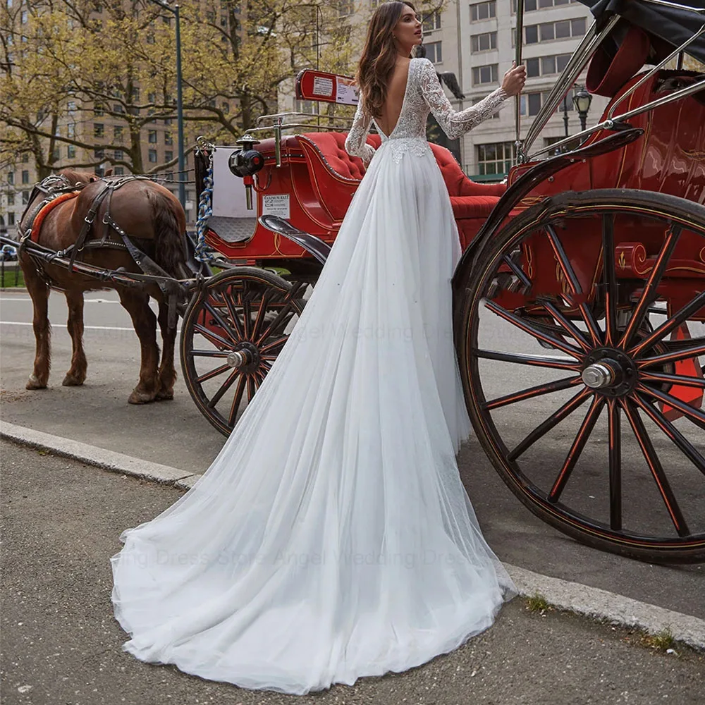 Gaun pernikahan lengan panjang model A-Line kerah V yang menawan gaun pengantin applique renda lengan panjang gaun pengantin gaun punggung terbuka belahan sisi tinggi