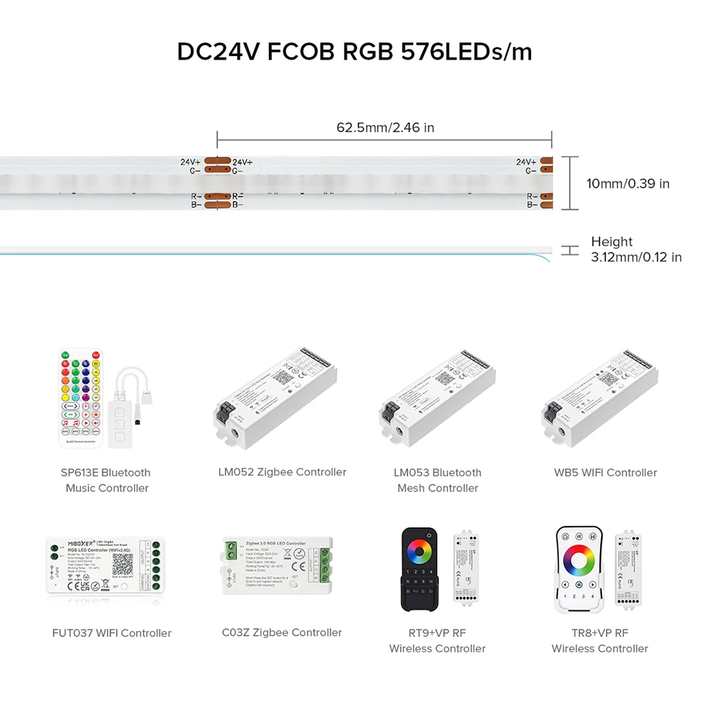 Tira de luces LED FCOB PWM RGB DC24V 576 LED Flexible FOB COB 10mm 4 pines luces LED de alta densidad RA90 lineal regulable 14 W/M