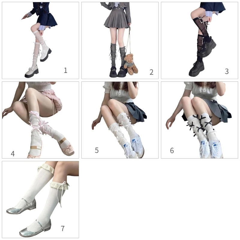 Women Girls Sweet Thigh High Socks Ribbon Bowknot Splicing Stockings