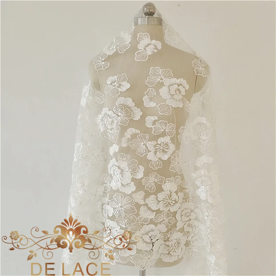 

JZQ Beautiful Flower Lace Sequin Fabric Delicate Floral Embroidery Tulle Lace Fabric for Wedding Dresses