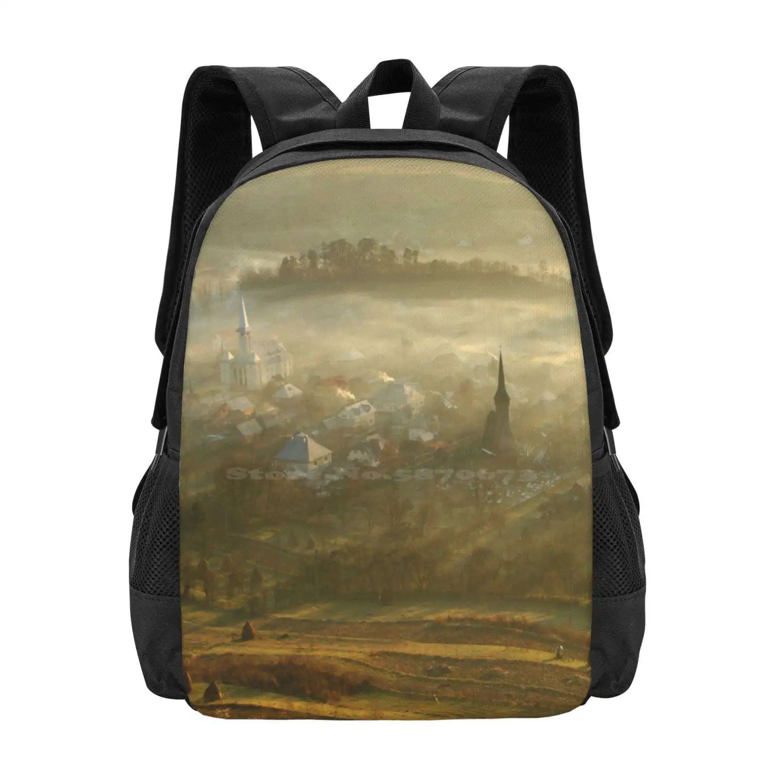 The Village Born From The Fog.... Hot Sale Schoolbag Backpack Fashion Bags Landscape Church Fog Village