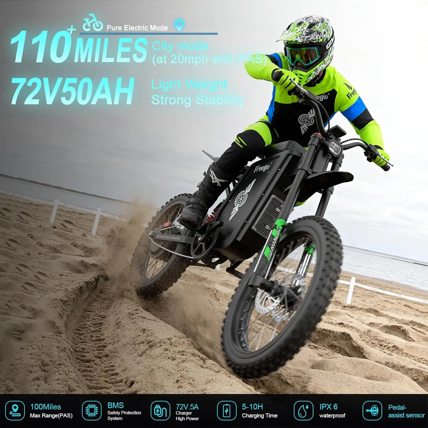 Freego Electric Dirt Bike for Adults X3 Electric Mountain Bike 8000W Motor 72V,50AH Battery Ebike Speed 56 MPH Electric Bicycle