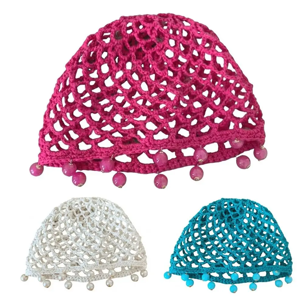 

Retro Style Hollowed Out Knitted Hat Round Beads Handmade Beret Cap Pearl Fringed Beanies Cap Bridesmaids Headpiece
