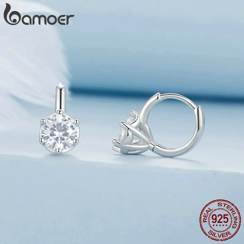 BAMOER Platinum Plated Cubic Zirconia 925 Sterling Silver Hoop Earrings, Solitaire Small Round Huggie Fashion Earrings for Women