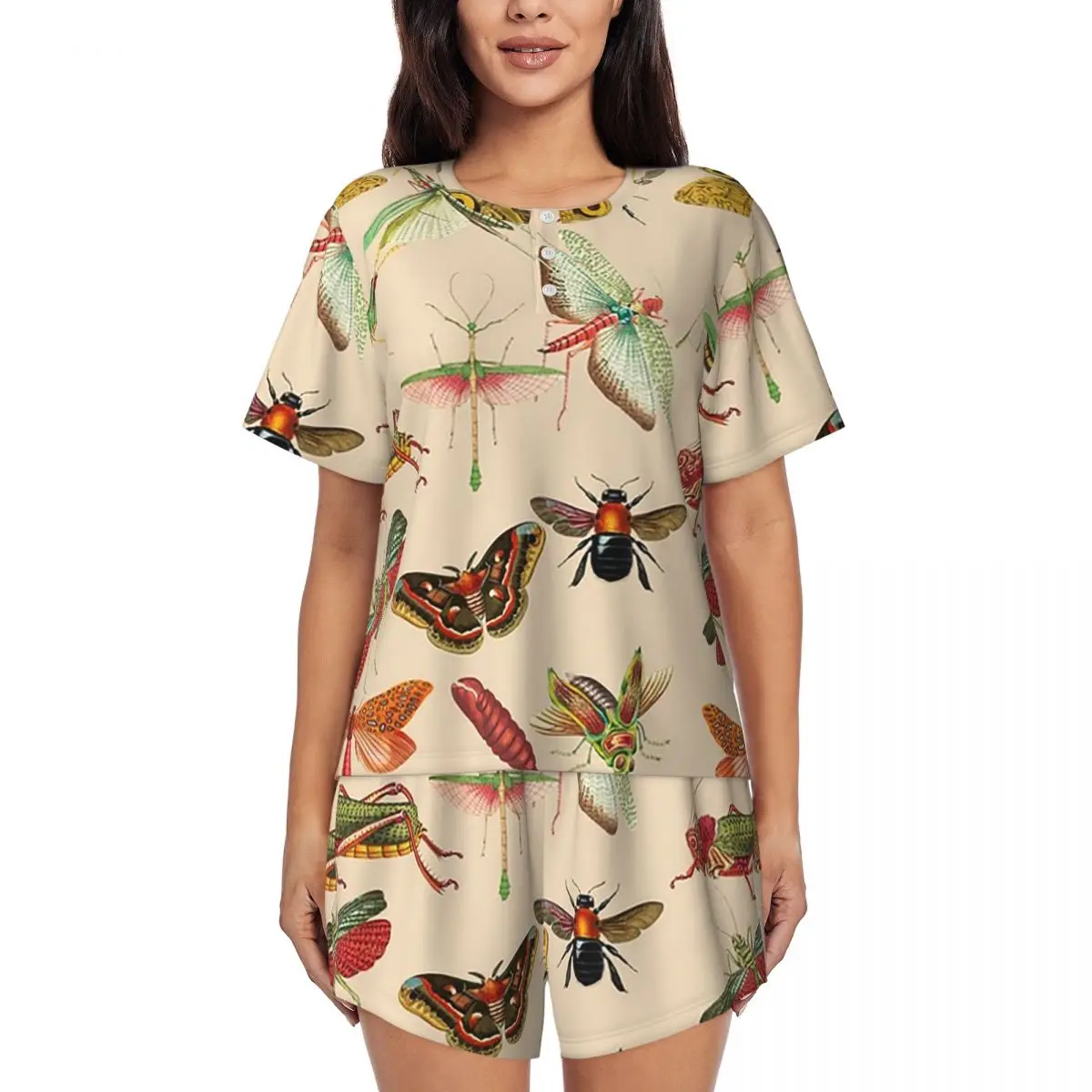 

Винтажные ночные рубашки с иллюстрациями насекомых и жуков, с круглым вырезом и короткими рукавами, для женщин, свободный пижамный комплект с короткими штанами