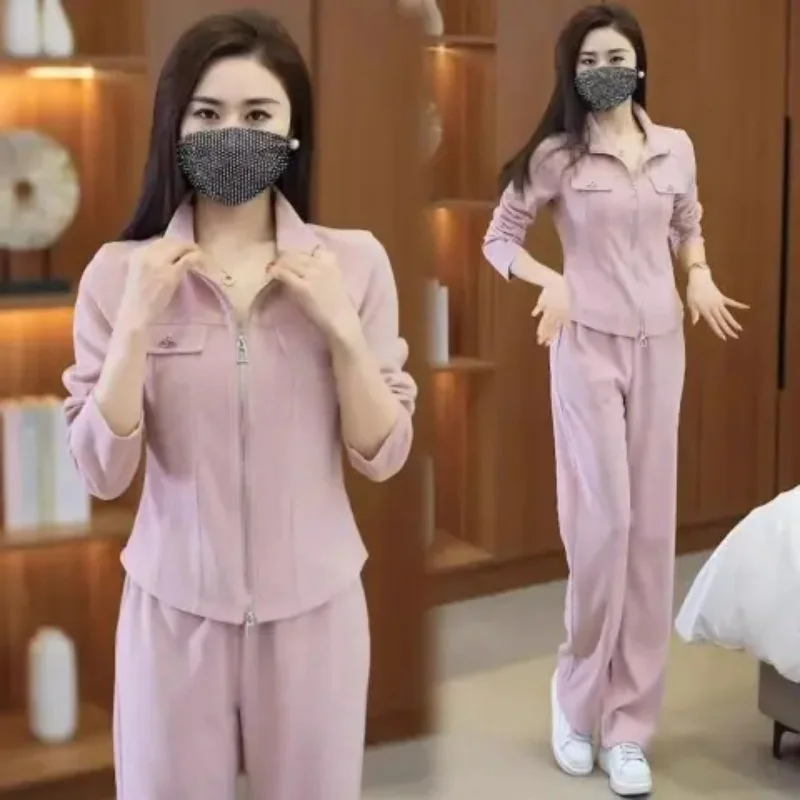 

Модный комплект для женщин: повседневные спортивные брюки с широкими штанинами и эффектом похудения, из полиэстера, с длинными рукавами и застежкой-молнией