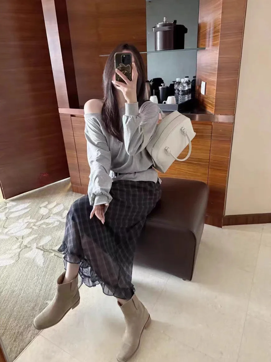 

Retro Plaid High Waist A-Line Skirt Women's Fashion Design Soft Polyester Material Gathered Hemline Slimming Effect