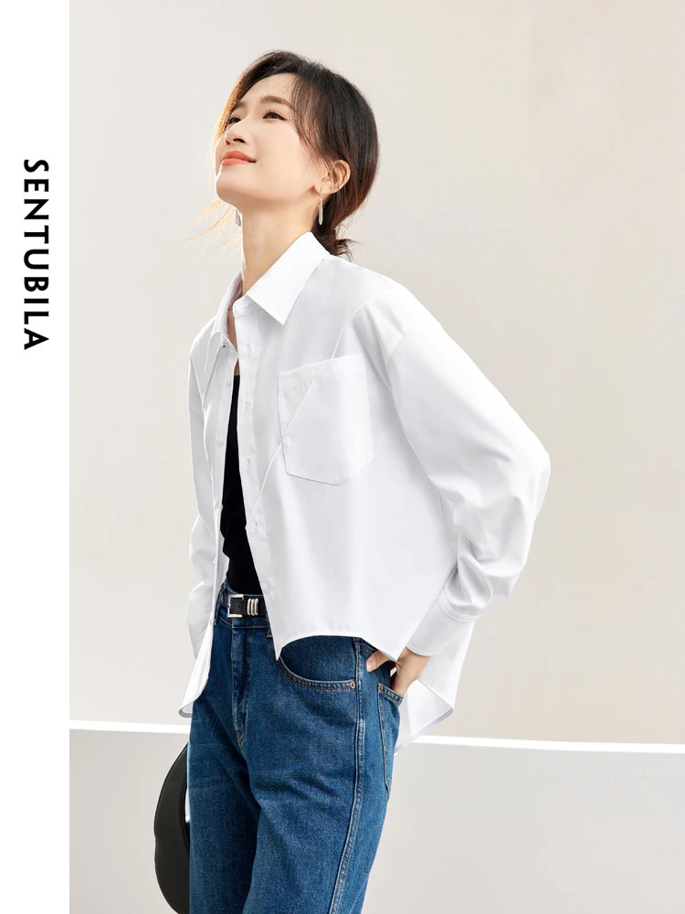 SENTUBILA Polo Collar Button Up Women\'s Shirt 2024 Spring Loose Irregular Hem Blouse Long Sleeve Shirts & Blouses 141C53299