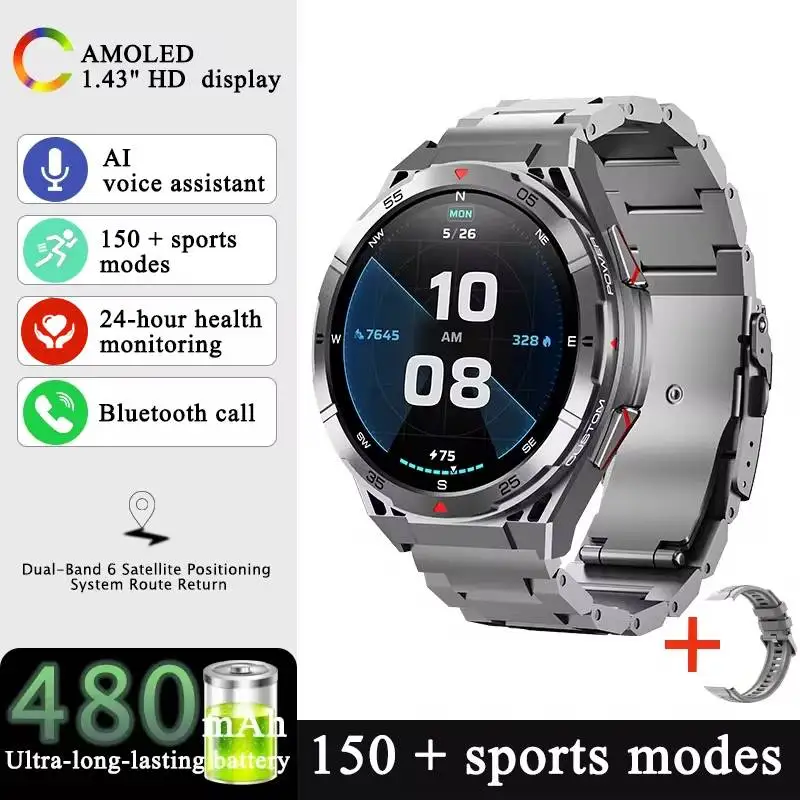 Rugged GPS Smart Watch for Men Dual Band AMOLED HD Touch Screen 50Meter Waterproof 3-Proof Smartwatch for Sports Free Shipping
