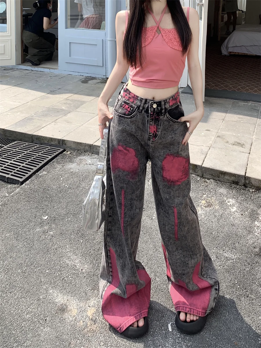 

Slergiri American High Street Retro Wide Leg Jeans Women Y2K Streetwear Hip-hop Graffiti Loose Harajuku Denim Trousers 2024 New