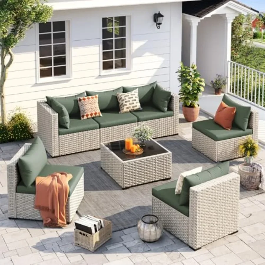 Outdoor patio furniture set: wicker sectional sofa in green, weather-resistant and UV-protected for backyard or deck use
