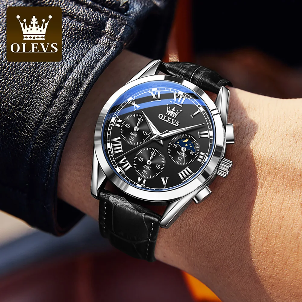 OLEVS 2871 Mens Watch Quartz Watch Multifunctional Chronograph Watch For Men 30m Waterproof Luminous Moon Phase Box Original
