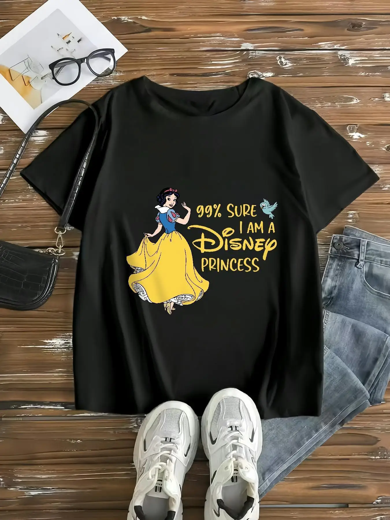 

Женская футболка больших размеров Black Snow White & Seven Dwarfs с графическим рисунком — 99% Sure I'm a Princess Slogan, мягкая повседневная футболка с круглым вырезом,