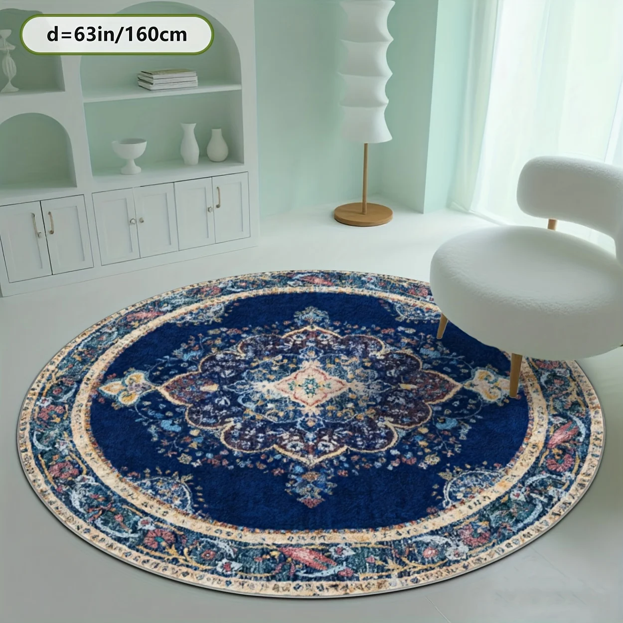 Vintage Round Area Rug Blue Persian Moroccan Floral Print Polyester Circular Carpet for Living Room Bedroom Home Decor