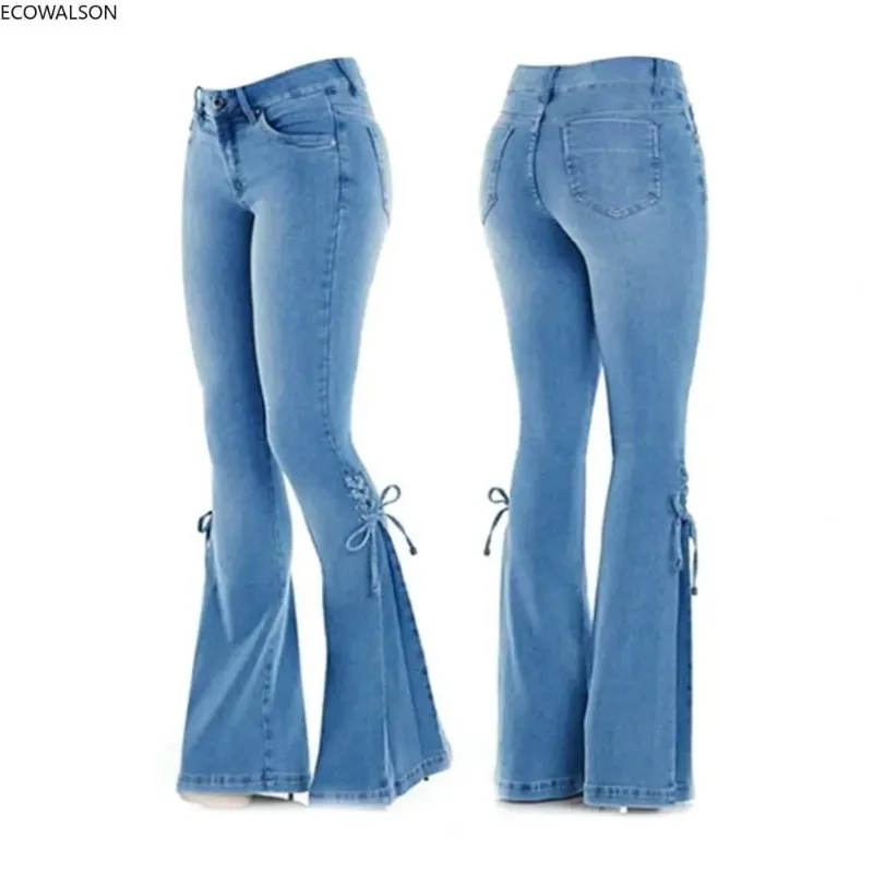 Meados de cintura estiramento flare jeans feminino calças de brim perna larga bunda levantada casual estilo coreano magro sino inferior bolso trousers30