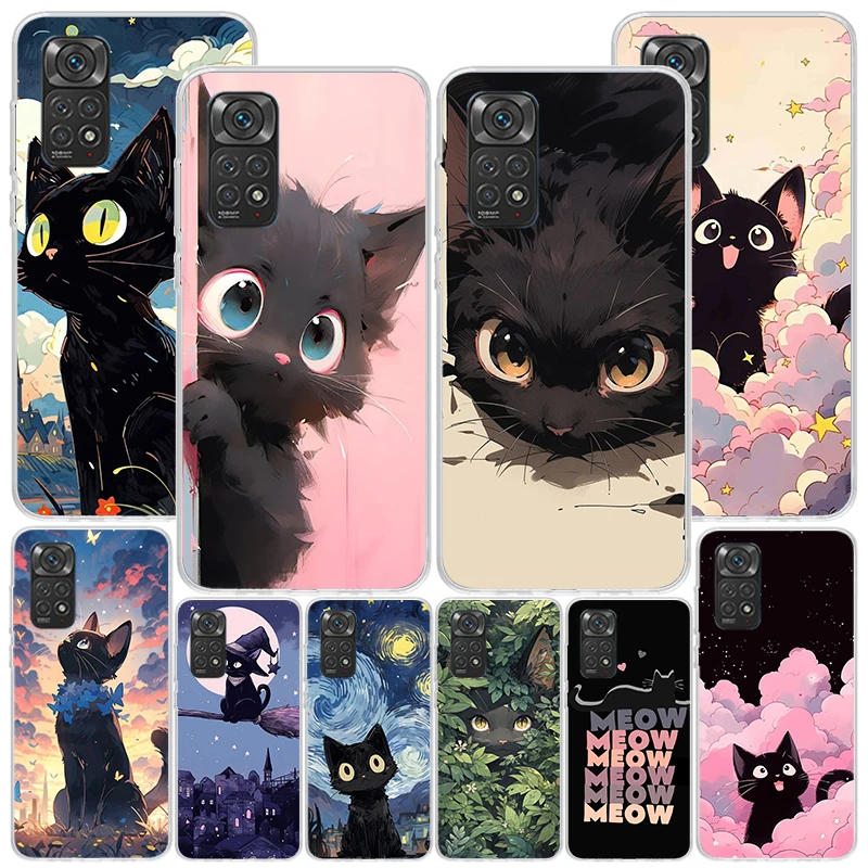 Anime Cute Black Cat Meow Phnoe Case for Xiaomi Redmi Note 13 12 12S 11S 11E 11 10S 10 Pro Plus 9 9S 11T 9T 8 8T 7 Unique Cover