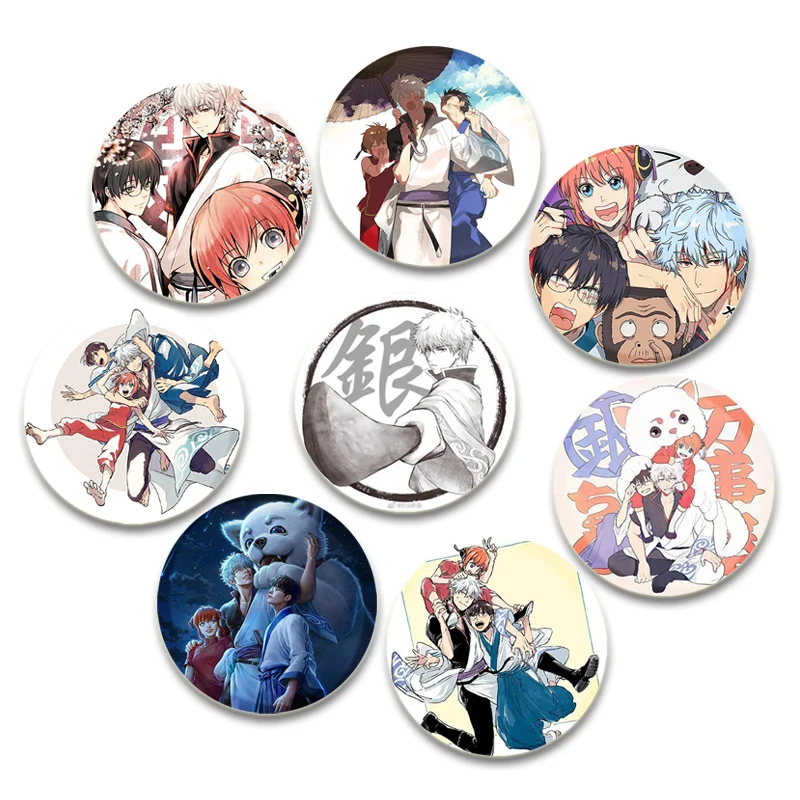 32/44/58mm Anime Gintama Badge Clothes Hat Collar Lapel Pin Sakata Gintoki Cartoon Cosplay Broochs on Backpack Accessories Gifts