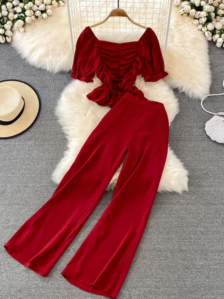 Women Summer Fashion Casual Pants, High Waist Drape Wide Leg Pants, Square Collar Short Slim Blouse Two-piece Suit Female D0544