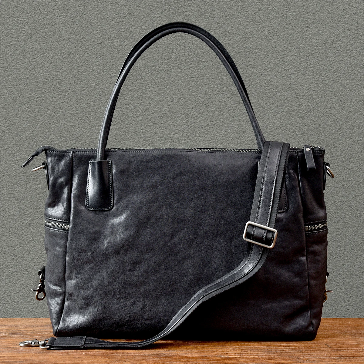 casual handmade vegetable tanned cowhide men's women's large-capacity briefcase fashion vintage real leather black handbag