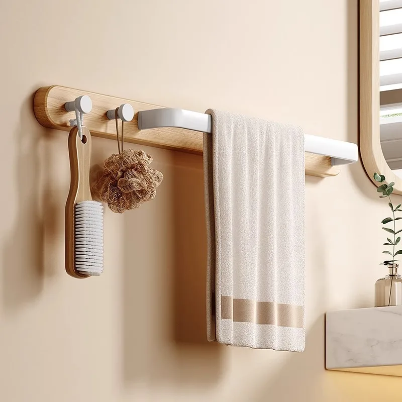 

Cream Style Towel Rack No Punching Toilet Bathroom Toilet Solid Wood Bath Towel Storage Rack Single Hanging Rod
