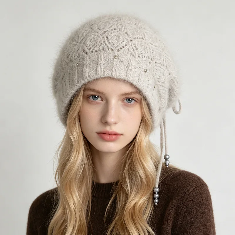 Beanie Women Winter Wool Angora Knit Hat Openwork Slouchy Warm Headwear Accessory For Skiing Sports Autumn Outdoor