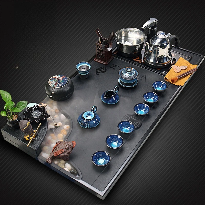 Wushi tea tray, complete set of kung fu tea set, household atomized water viewing stone tea table, simple automatic furnace