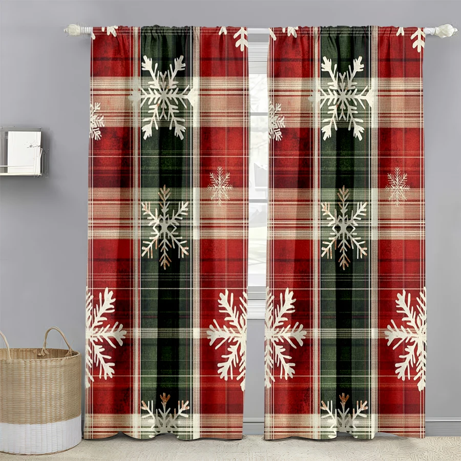 2PCS Digital Print Christmas Curtains, Red Green Plaid White Snowflake, Classic Tartan Window Drapes for Holiday Home Decor