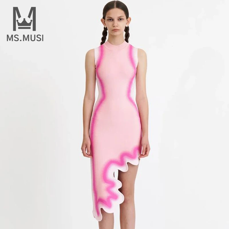 

MSMUSI 2024 New Fashion Women Sexy Stripe Patchwork Sleeveless Ruffles Bandage Party Club Bodycon Event Midi Dress Vestidos