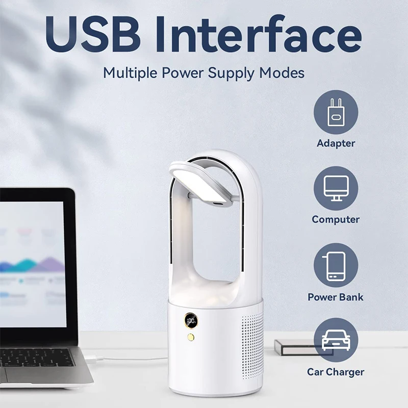 Ventilador elétrico recarregável USB Bladesess, refrigeração silenciosa de desktop, ventilador portátil sem fio com luz noturna, 6 velocidades, 2000mAh
