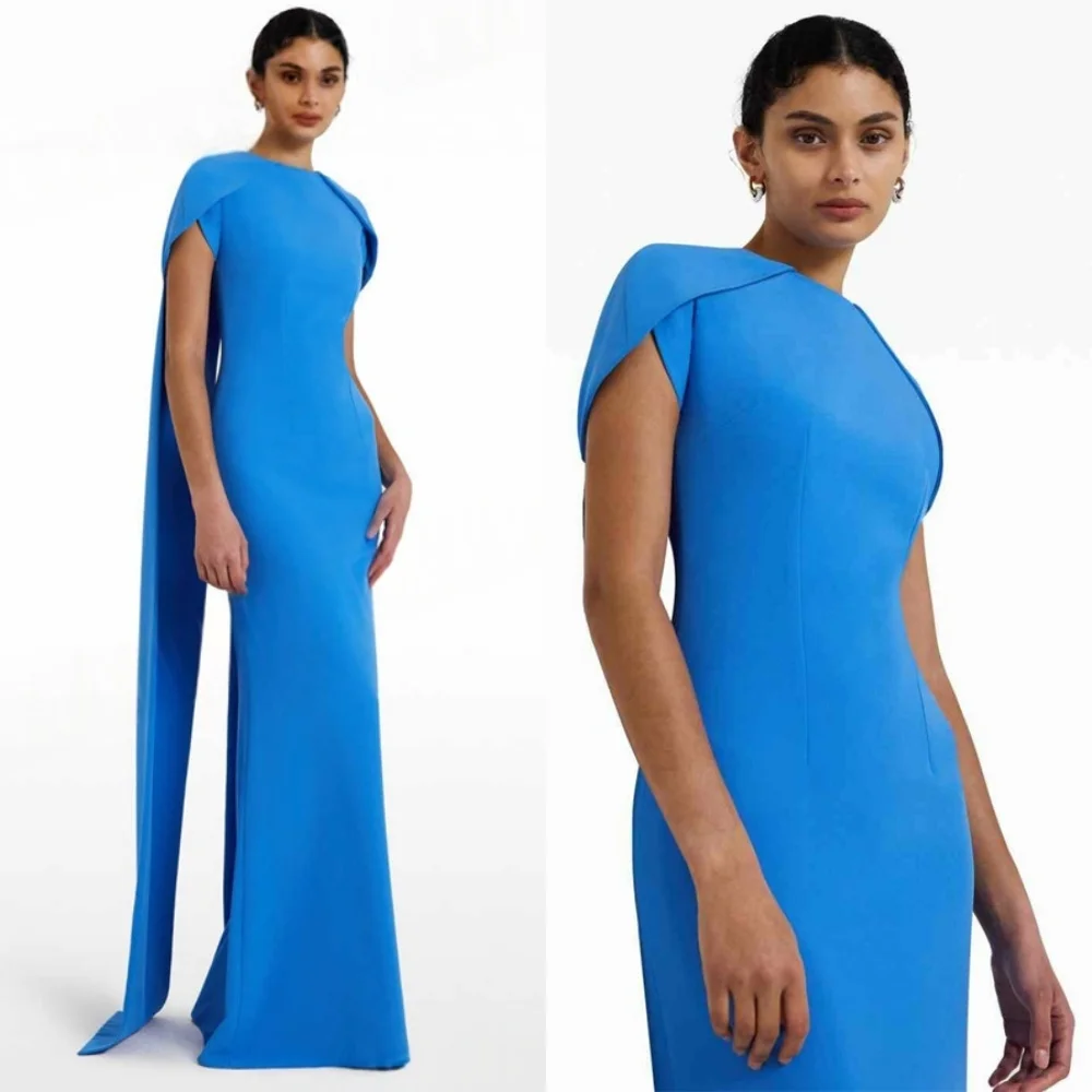 

Customized Modern Blue Jersey Evening Dress Exquisite O-Neck Short Sleeves Celebrity Gowns High Quality Special Occasion Gowns