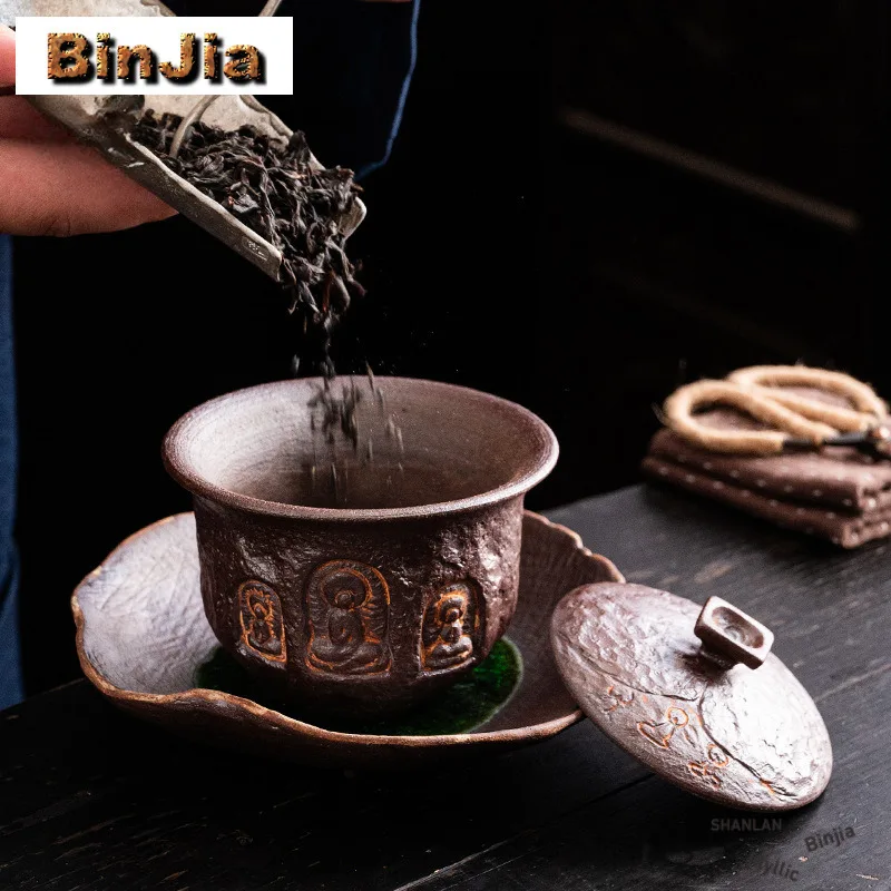 Relief Powder Yin Buddha Coarse Pottery Gaiwan Creative Tea Tureen Tea Bowl with Lid Kit Tea Maker Cover Bowl Tea Ceremony Craft