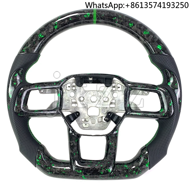 

For Ford Mustang ST RS GT 500 350 2024 Upgrade Leather Black Perforated Leather Green Forged Carbon Fiber Sports Steering Wheel