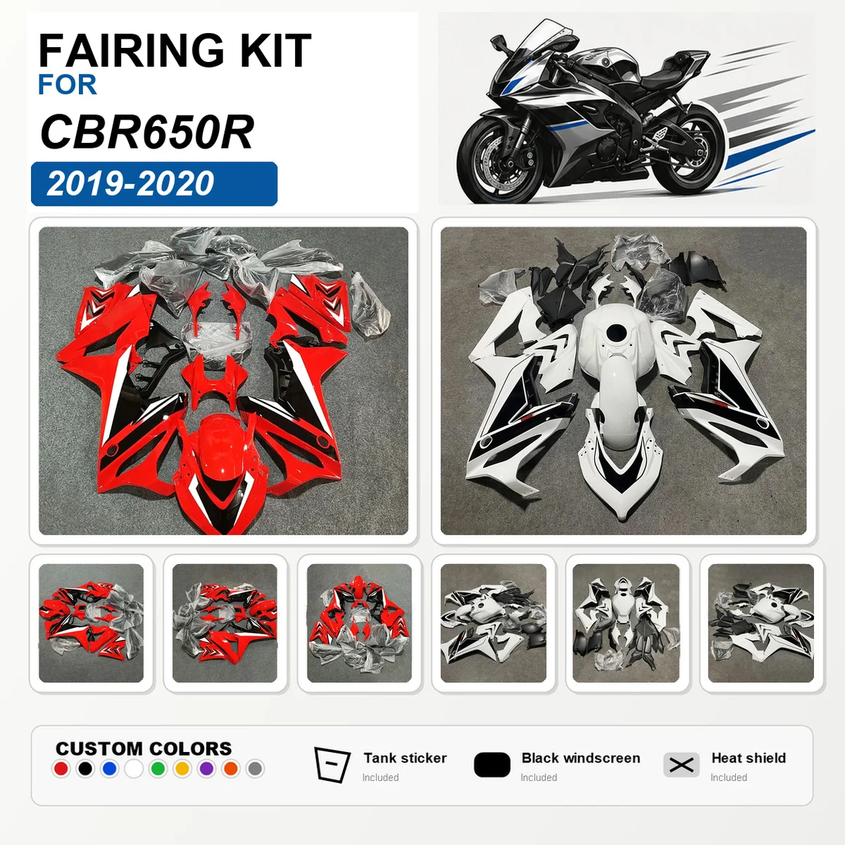For CBR650R 2019 2020 Painted Fairing Kit Injection Molded ABS Motorcycle Fairings Bodywork Cowl Panels Custom Red Black