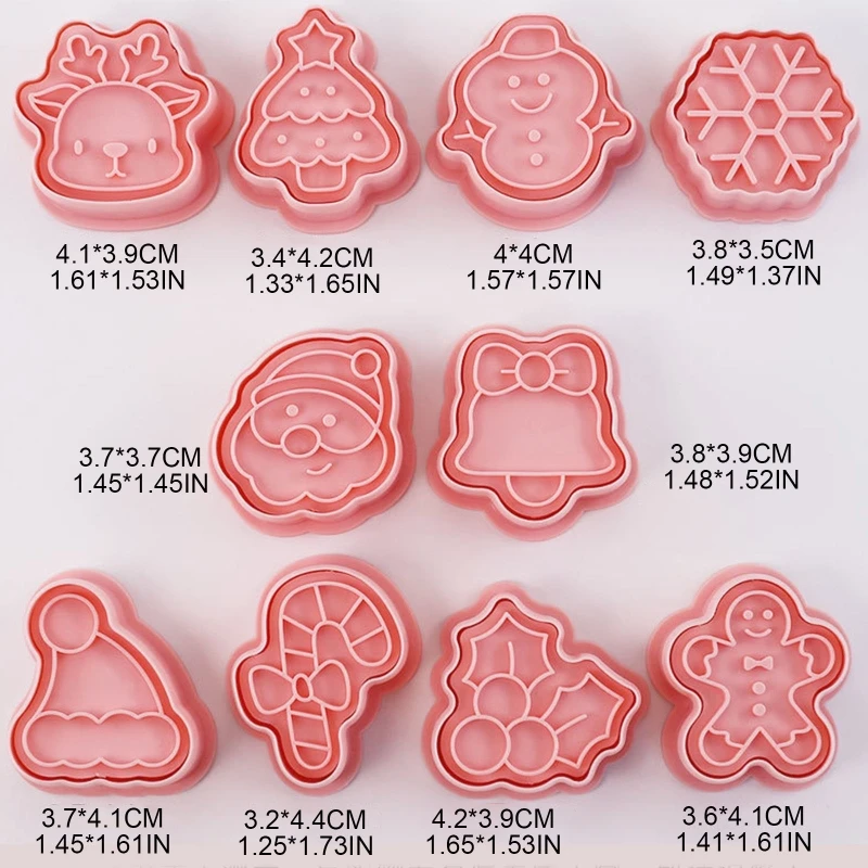 

H55A 10-Piece Christmas Biscuit Mold Plastic Candy Fondant Push-type Household Set Baking Cookie Cutter for Children