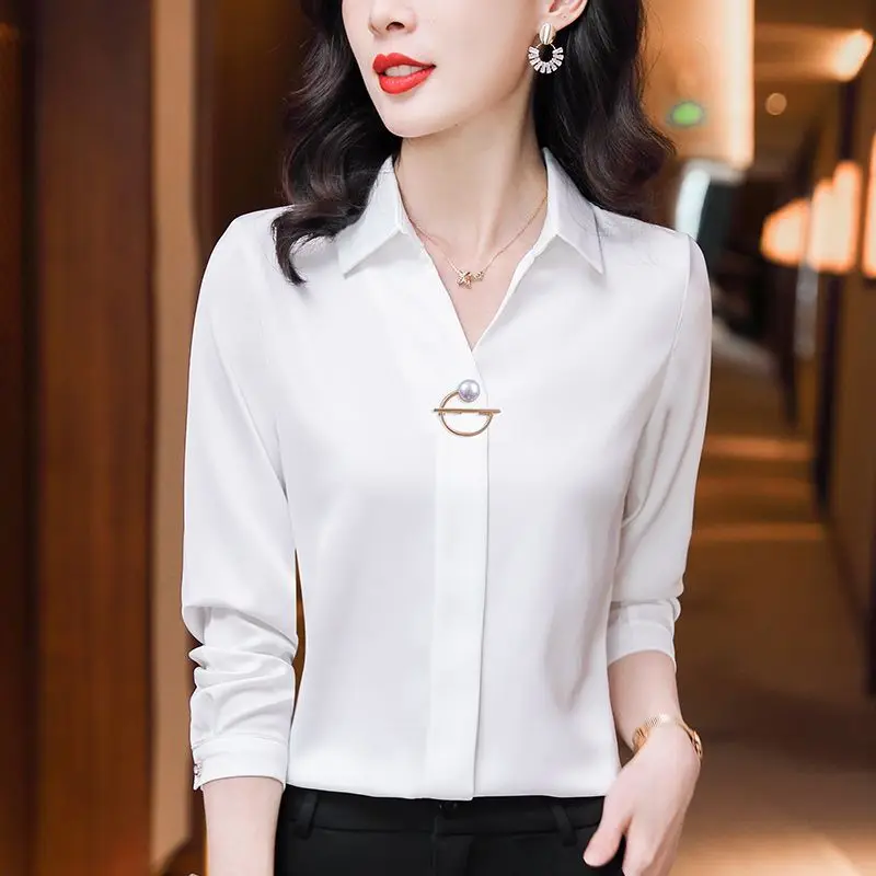 Basic Office Lady Solid Color Shirt Female Clothing Elegant Fashion V-Neck 2023 Spring Autumn Commuter Korean Long Sleeve Blouse