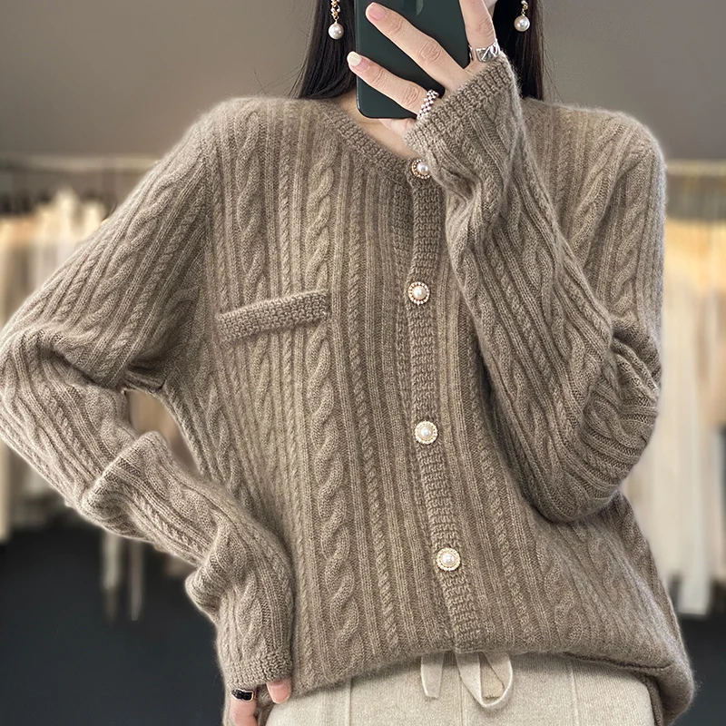 

100% Pure Cashmere Cardigan Women's Spring And Autumn New Pearl Button Round Neck Outerwear Sweater Loose Cashmere Sweater