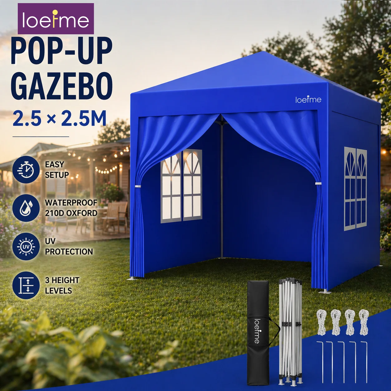 Carpa Plegable LOEFME de 2.5x2.5m, Toldo para Exteriores, Impermeable, Protección Solar, Altura Ajustable, para Jardín, Patio, Fiestas, Camping